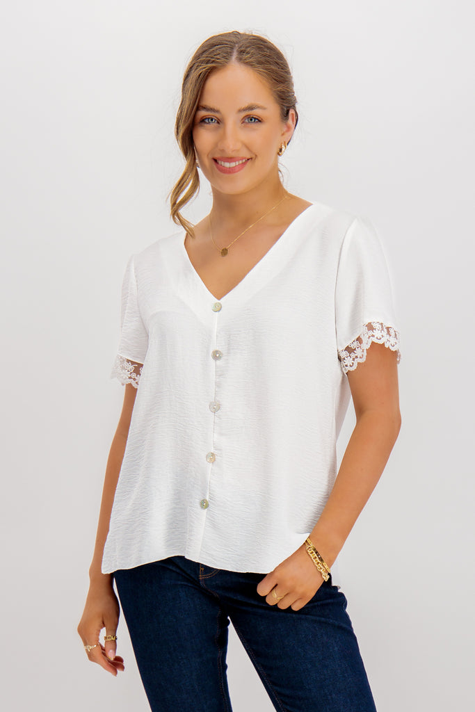 White Leona Cap Sleeve Button Down Top