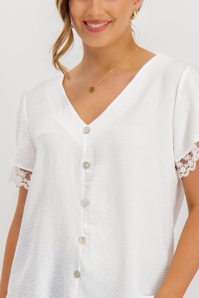 White Leona Cap Sleeve Button Down Top