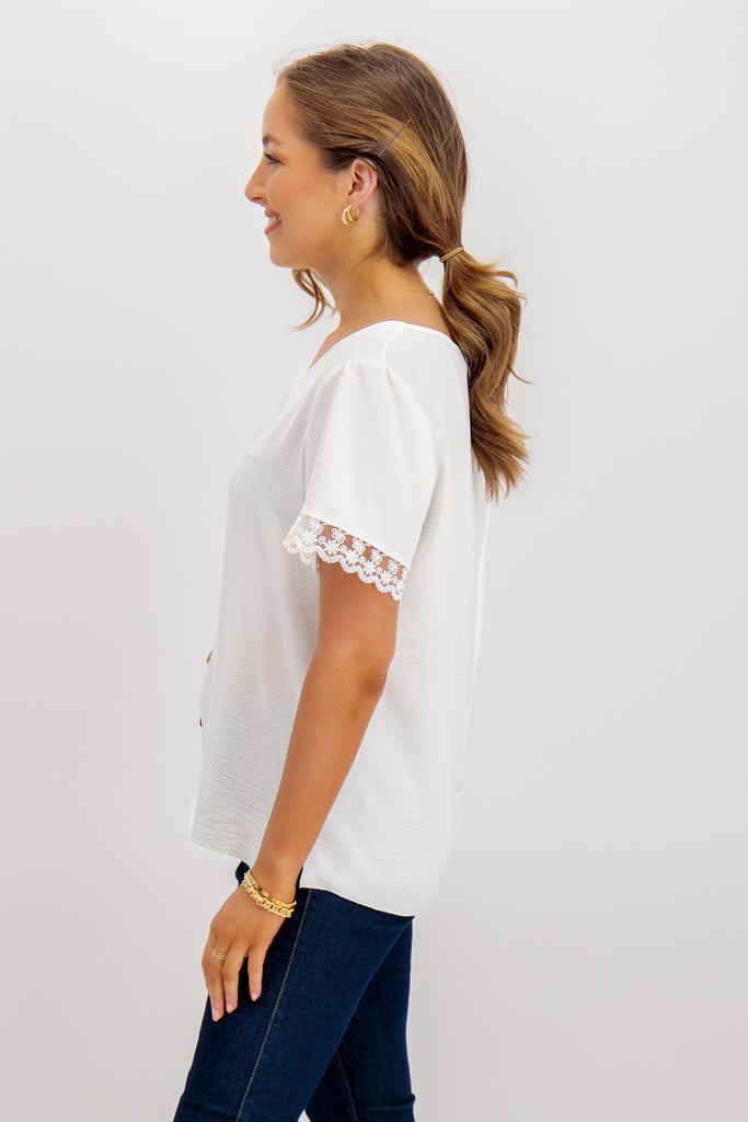 White Leona Cap Sleeve Button Down Top