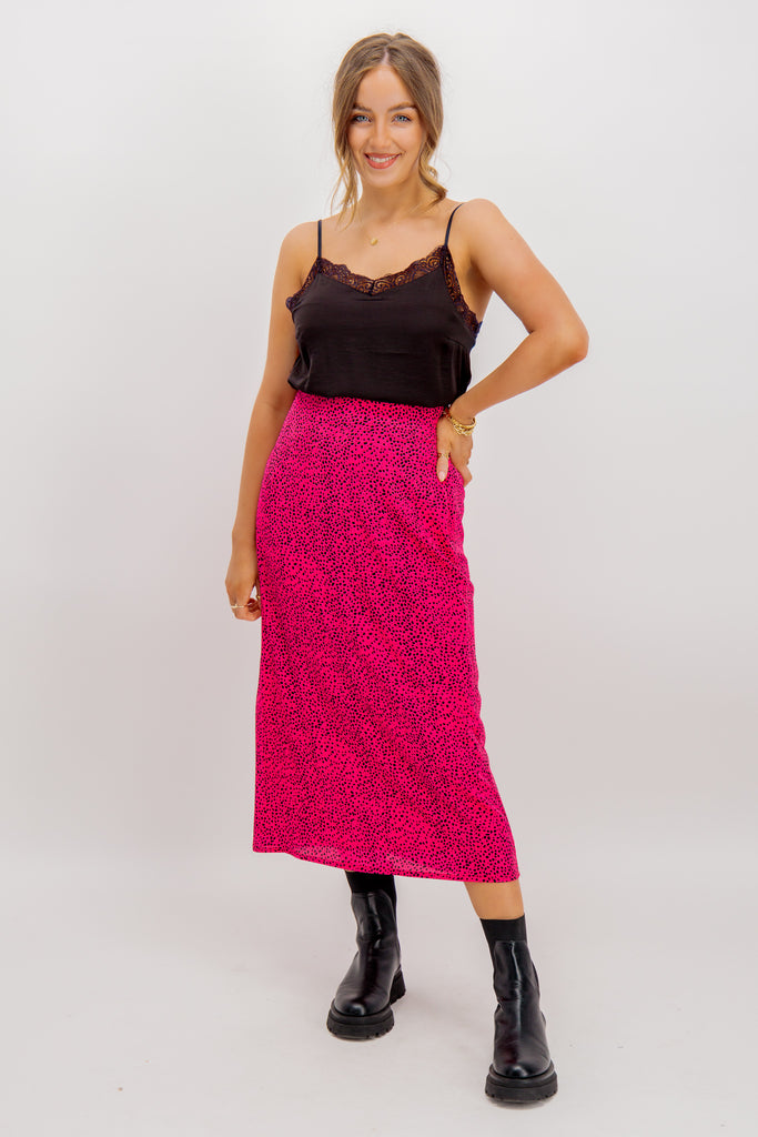 Emily & Me Ellie Pink & Black Spot Midi Skirt