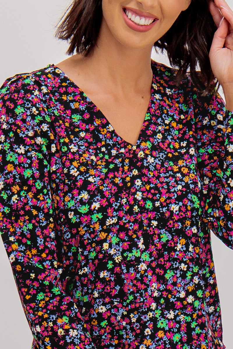 Sabina Black Floral Printed V-Neck Top