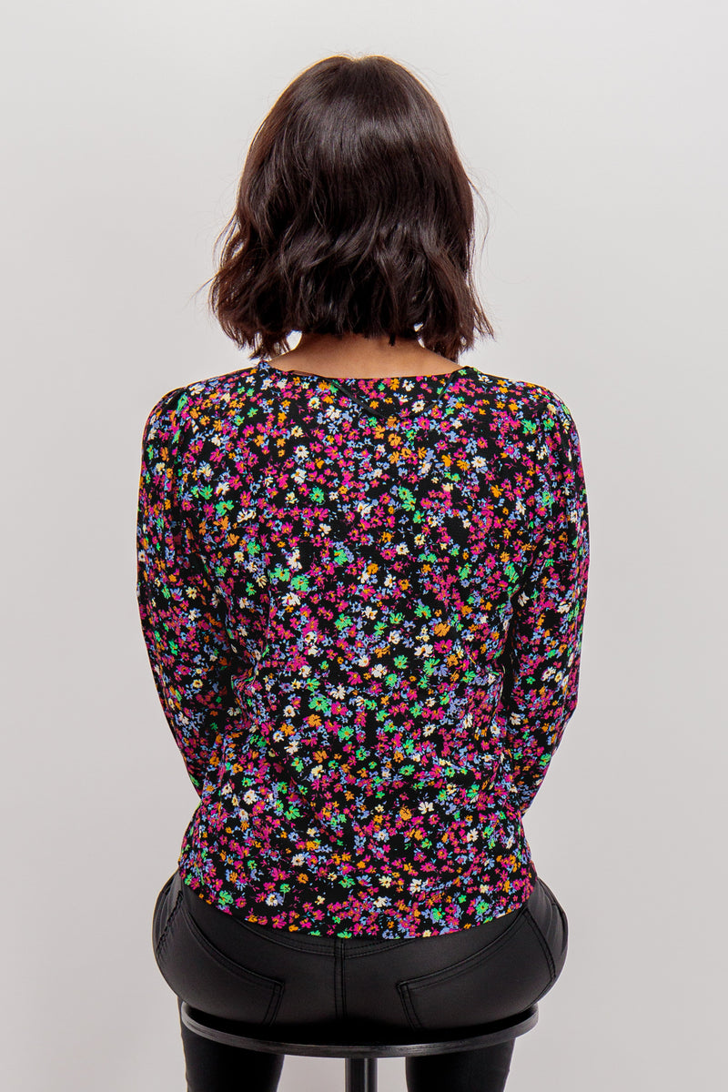 Sabina Black Floral Printed V-Neck Top