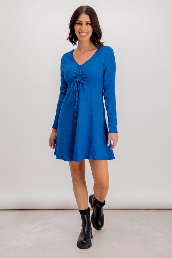 blue ruched bust short dress