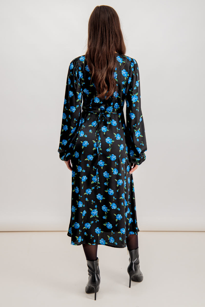 Sasha Black Floral Midi Wrap Dress