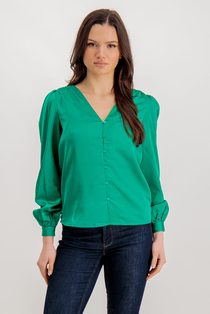 Tillie V-Neck Green Sateen Top