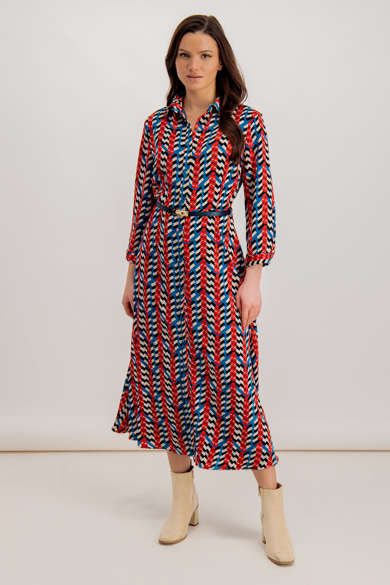 Emily & Me Penny Red Geo Print Shirt Dress