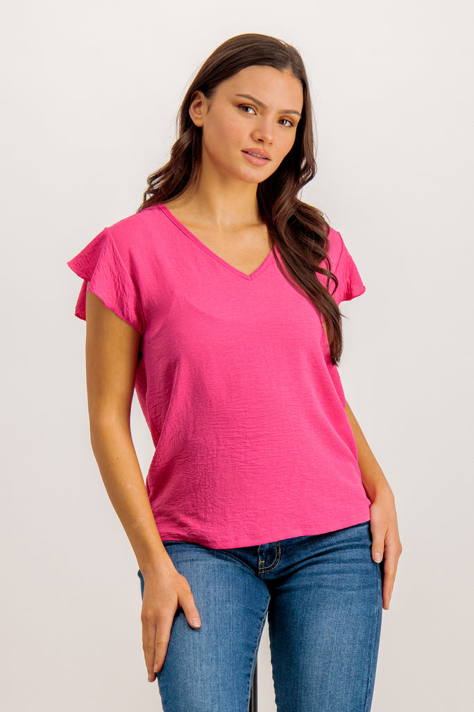 Fuschia Pink Frieda V-Neck Frill Sleeve Top