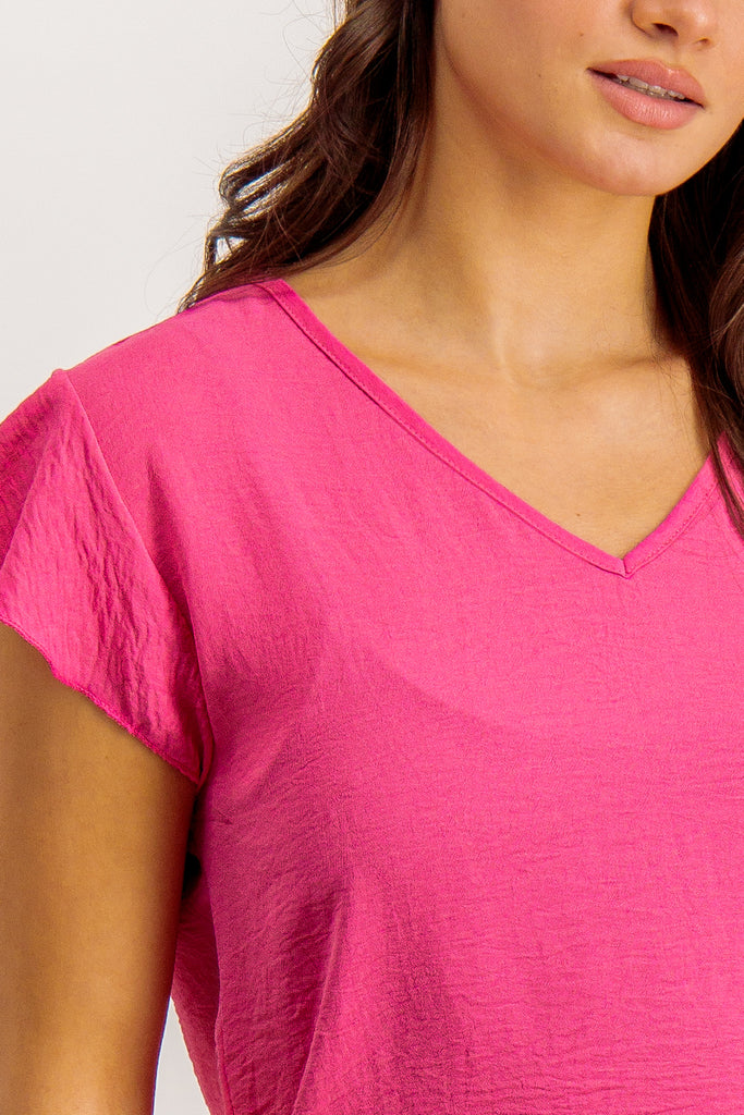 Fuschia Pink Frieda V-Neck Frill Sleeve Top