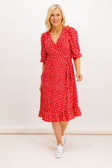 Red Olivia 3/4 Wrap Floral Midi Dress