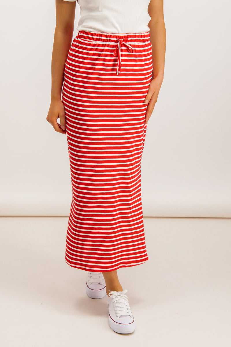Darling Red Stripe High Waisted Maxi Skirt