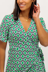 Jade Green Printed Wrap Short Dress