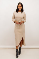 Anne Beige Belted Midi Dress