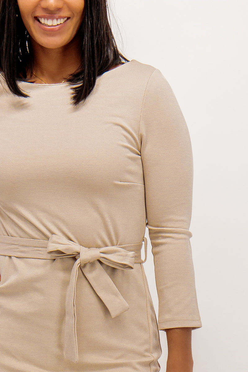 Anne Beige Belted Midi Dress