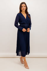 Emily & Me Zoey Belted Navy Pleated Midi Dress