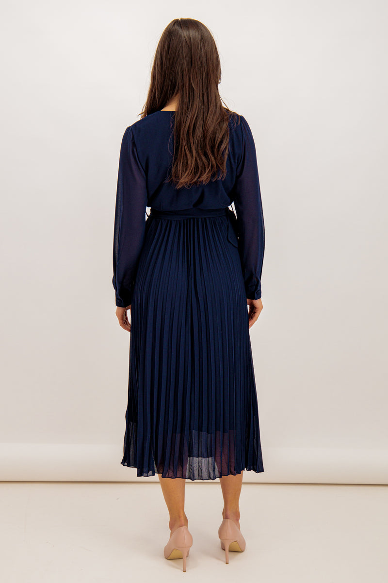Emily & Me Zoey Belted Navy Pleated Midi Dress